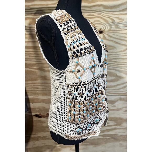 Vtg Ann Tjian For Kenar Open Knit Crochet Vest Medium Petite Boho Festival - Picture 4 of 11